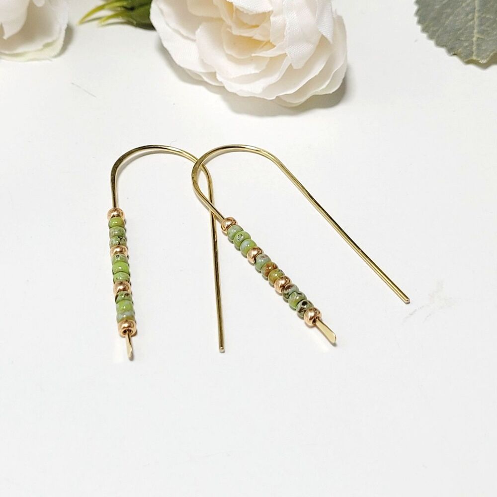 Green Glass Brass Threaders Hidden Meaning earrings Cabbage Crush , Wasabi  687■